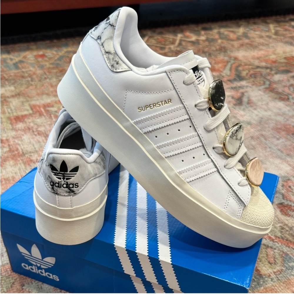 Adidas Superstar Bonega White and Gold Marble Platform Sneakers 10